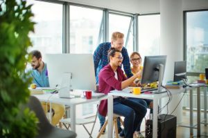 Primo Umbrella software development team collaborating in a bright and creative office environment.