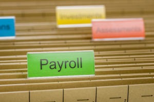 Close-up of labeled file tabs in a drawer, focusing on a green tab reading "Payroll," with other tabs for "Investments" and "Assessments" in the background.